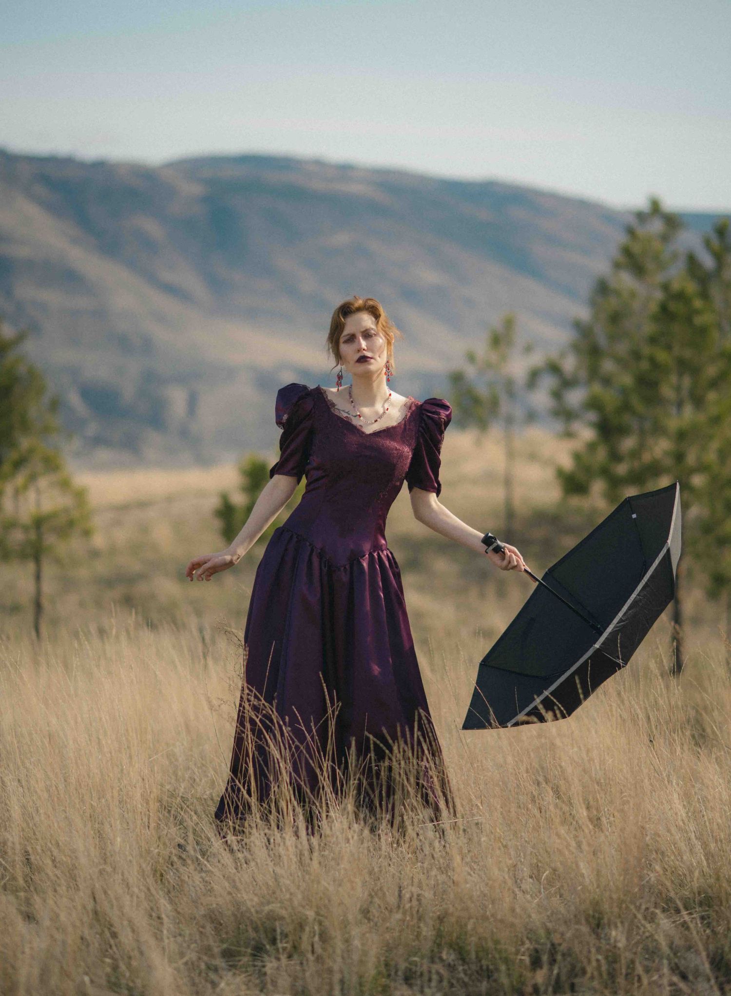 Woman in purple Victorian puff-sleeve gown stands in golden field holding black umbrella with mountains behind.