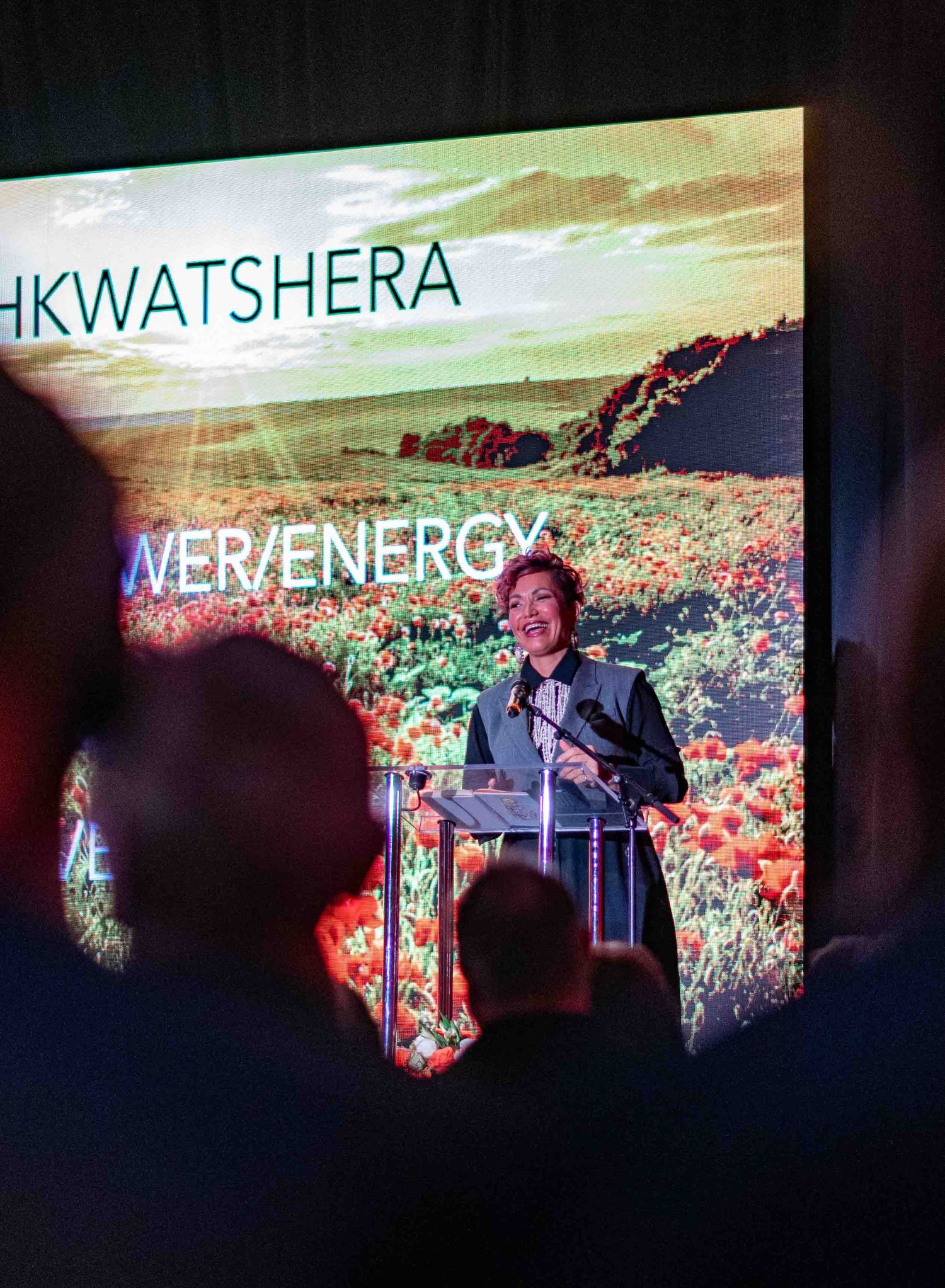 A speaker at a podium with HKWATSHERA and POWER/ENERGY text and a poppy field displayed on a large screen.