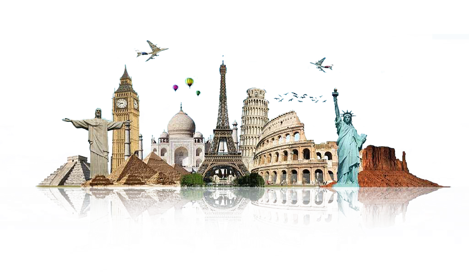 Collage of famous world landmarks including Eiffel Tower, Big Ben, Statue of Liberty, Colosseum, and Leaning Tower of Pisa.