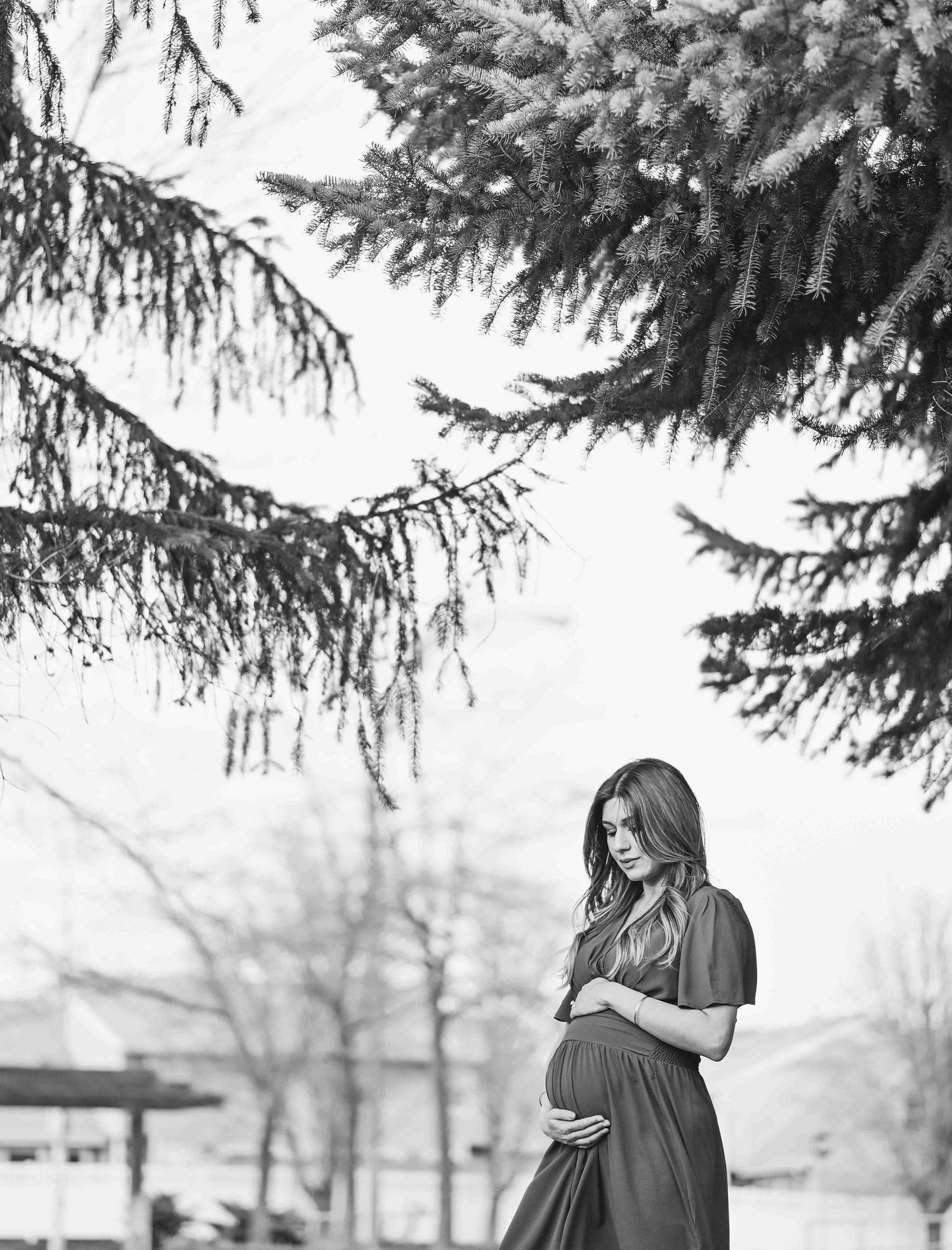 Black and white outdoor maternity photo of pregnant woman in dress cradling bump under pine trees.