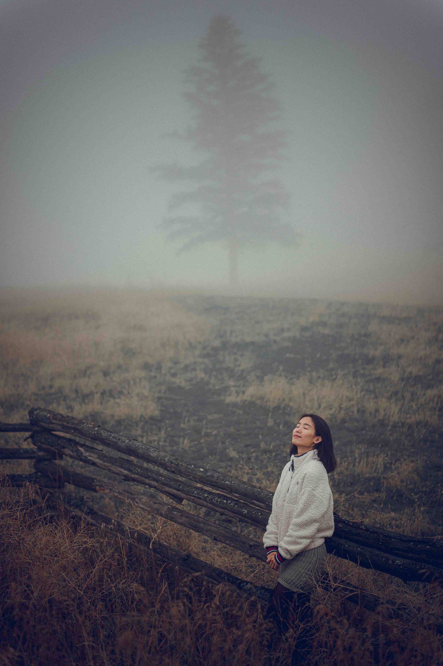 A woman in a white sweater leans against a wooden fence in a foggy field with a lone tree behind her.