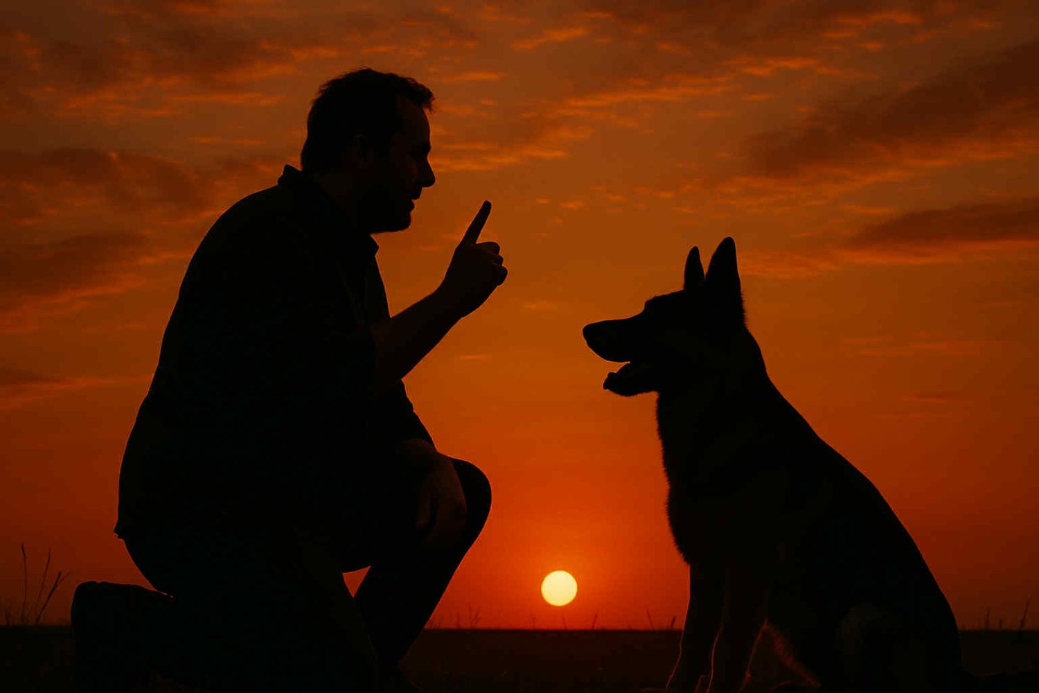 Silhouette of a person kneeling and pointing a finger at a German Shepherd during a sunset outdoors, showing a training moment.