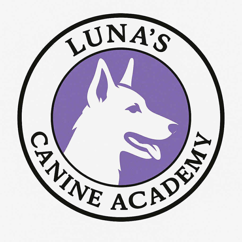 Circular logo for Luna's Canine Academy featuring a white dog profile inside a purple circle with the academy name around it.