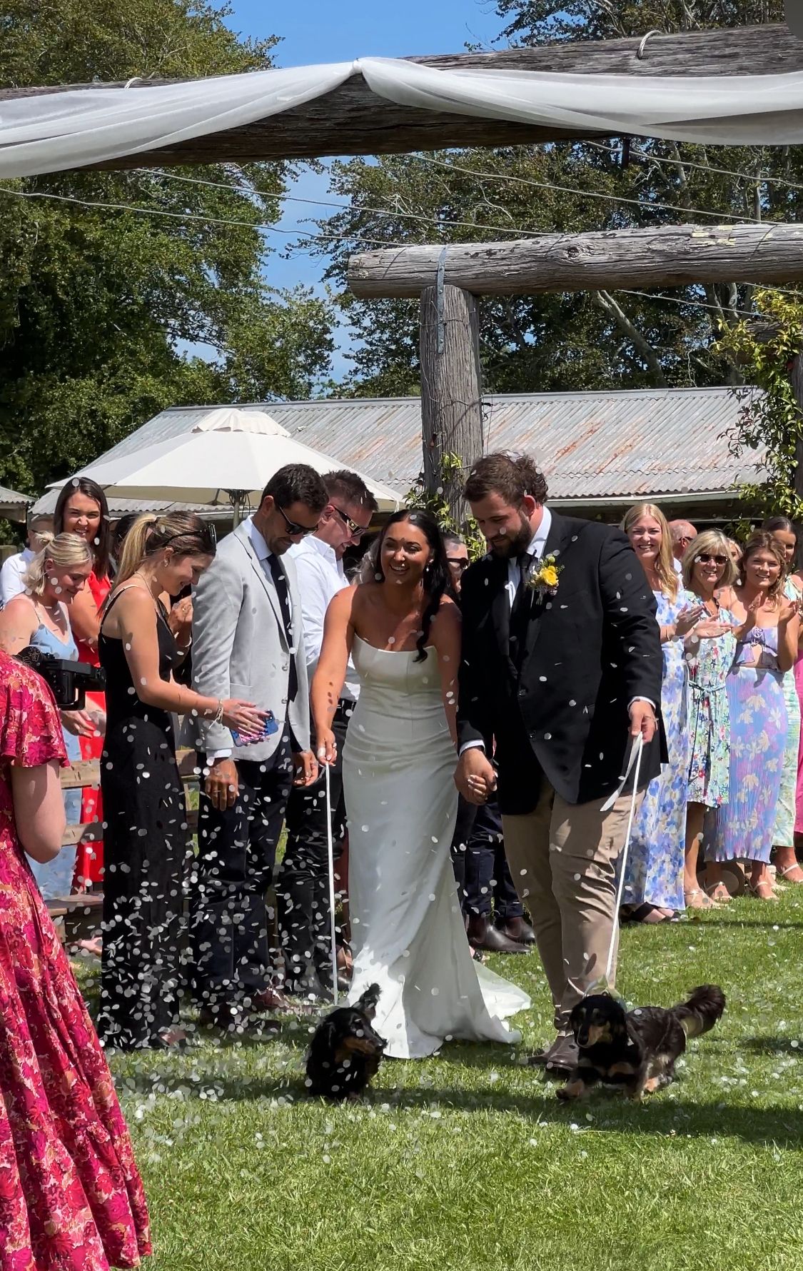 Wedding guests celebrate on a sunny lawn with white tent canopies overhead during an outdoor summer reception.