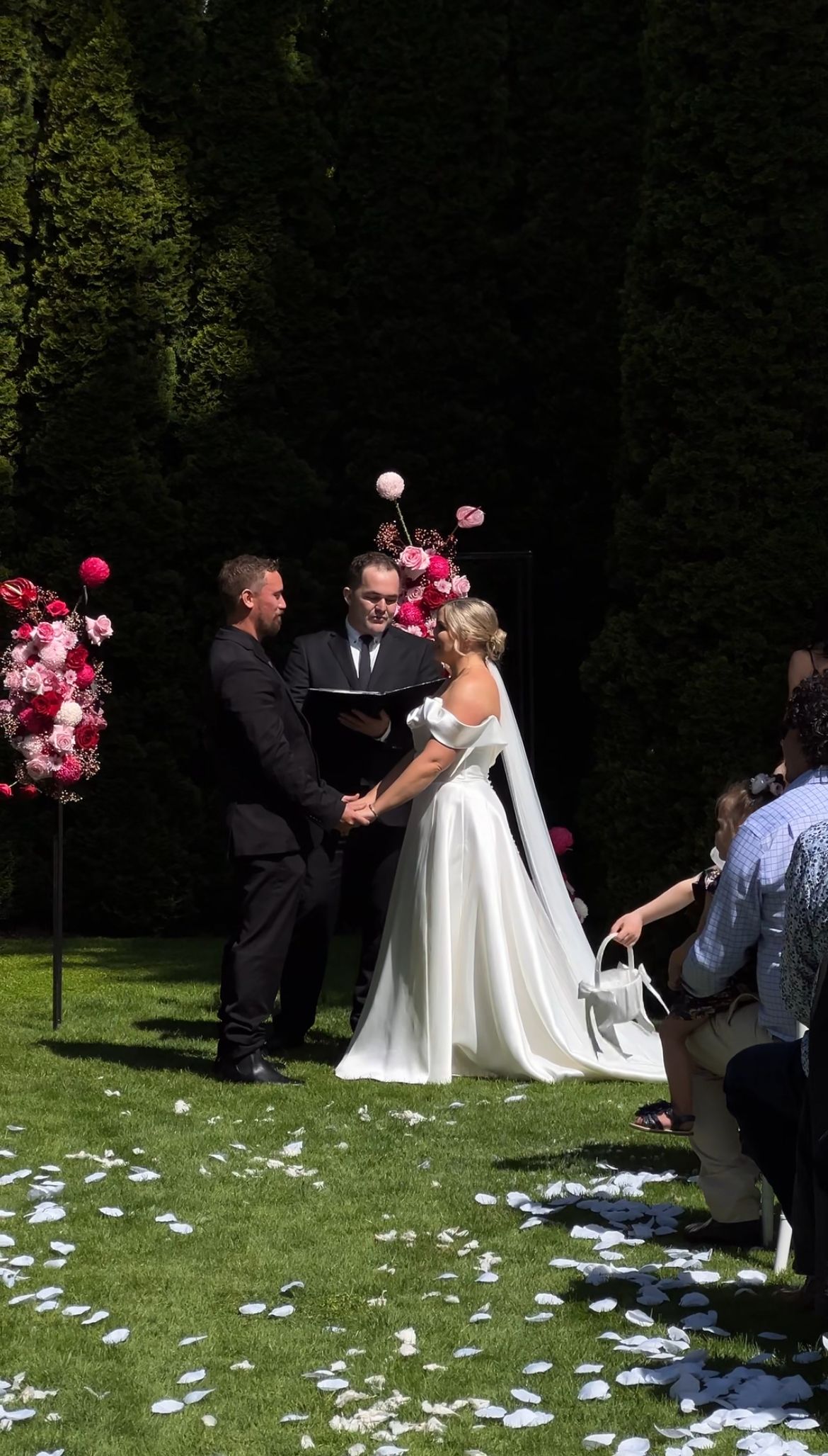 A sequence of wedding photos showing balloon releases and flower petals scattered on grass during an outdoor ceremony.