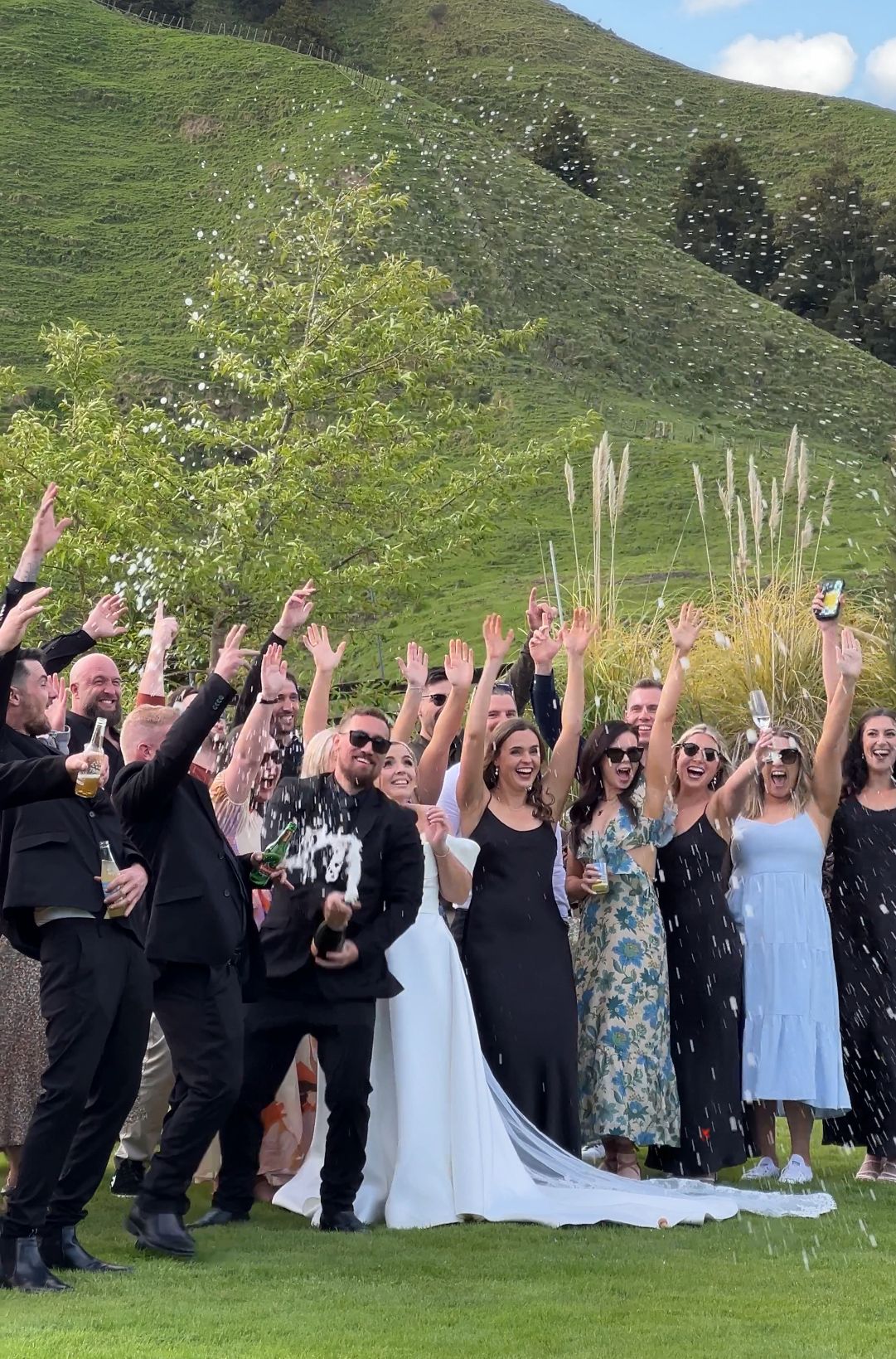 A wedding party celebrates outdoors with raised arms against a backdrop of green rolling hills.