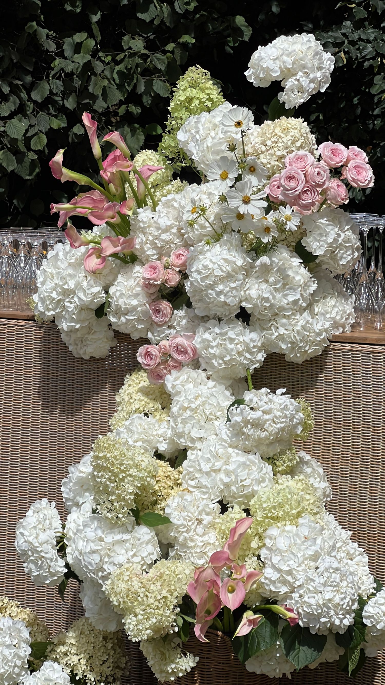 Lush arrangement of white hydrangeas and pink roses creating an elegant floral display. content creation in new zealand