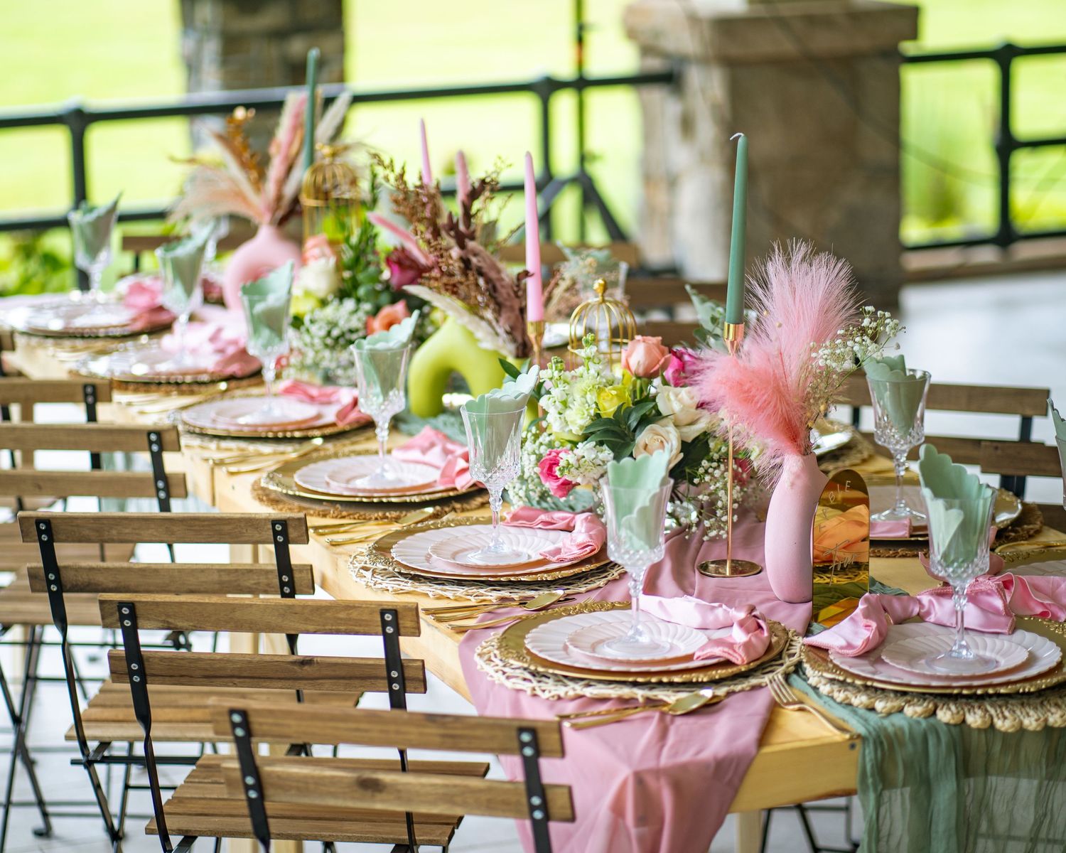 Elegant event tablescape in Kennesaw, Georgia — floral centerpieces and pastel table décor arranged for a summer celebration.
