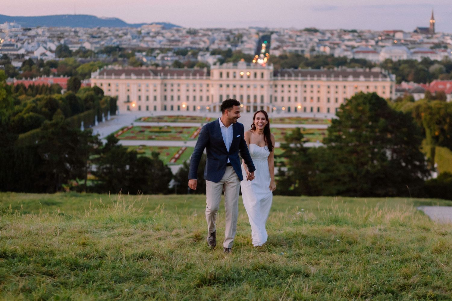Bride and groom at Schonbrunn Palace in Vienna
