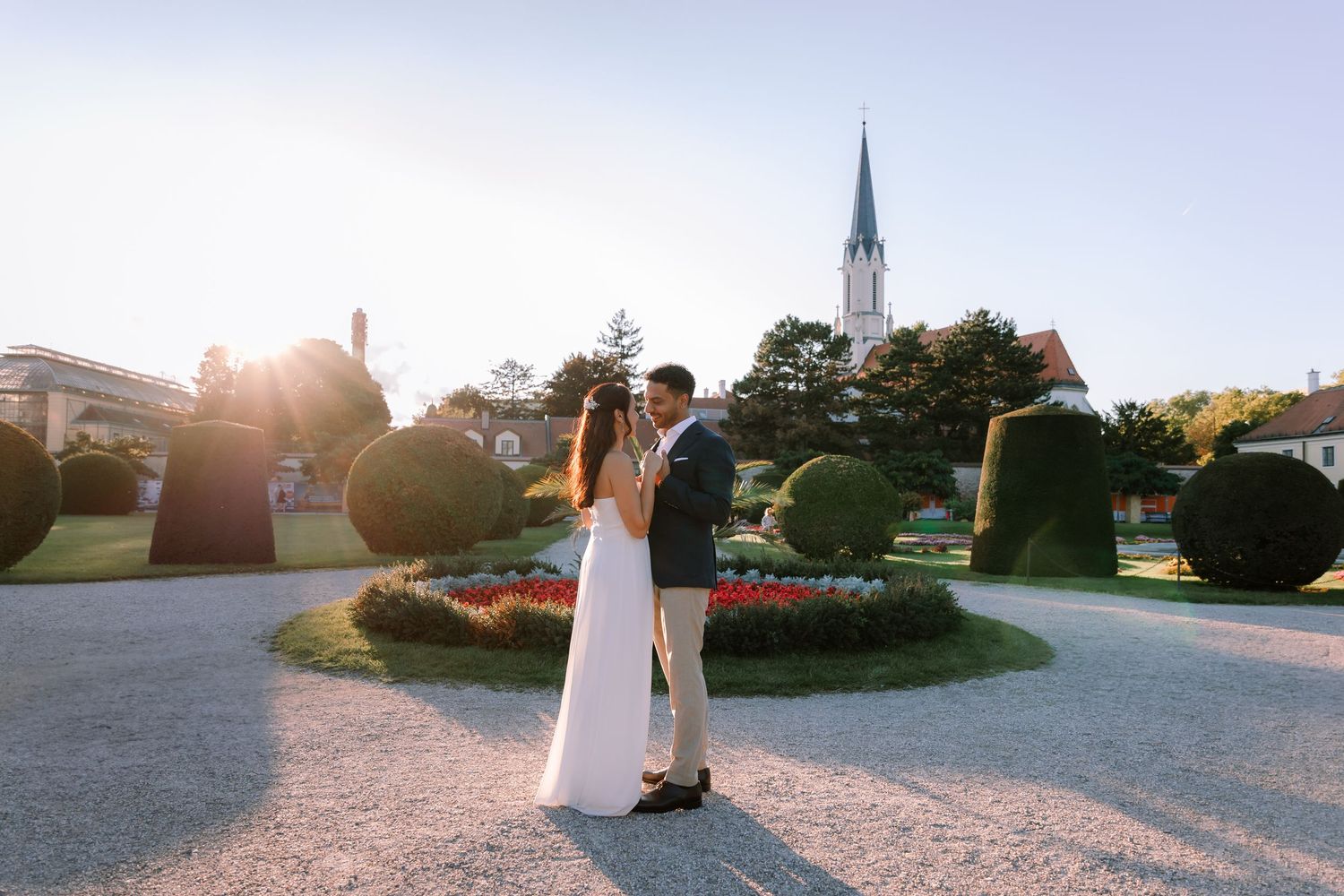 Bride and groom at Schonbrunn Palace in Vienna