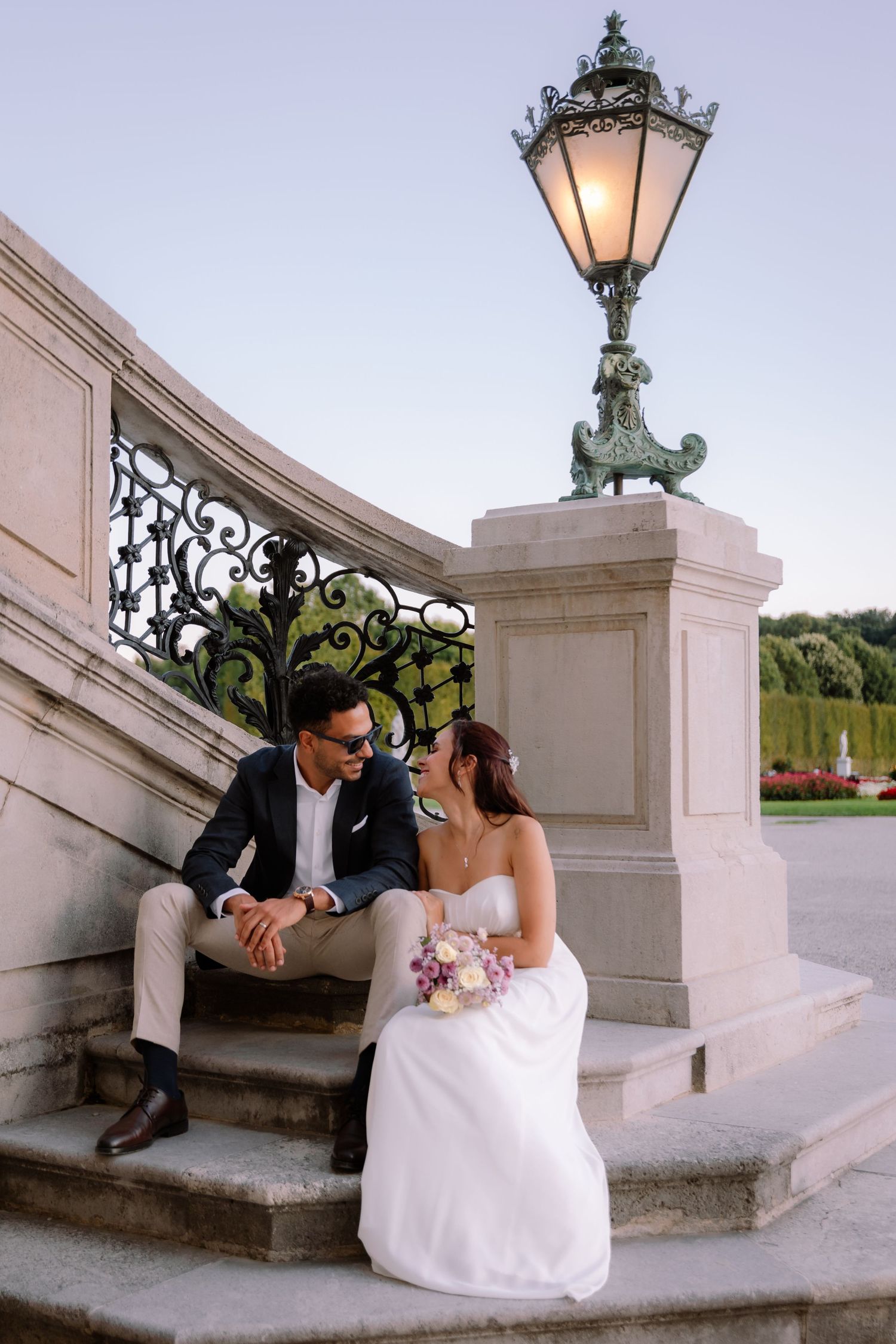 Bride and groom at Schonbrunn Palace in Vienna