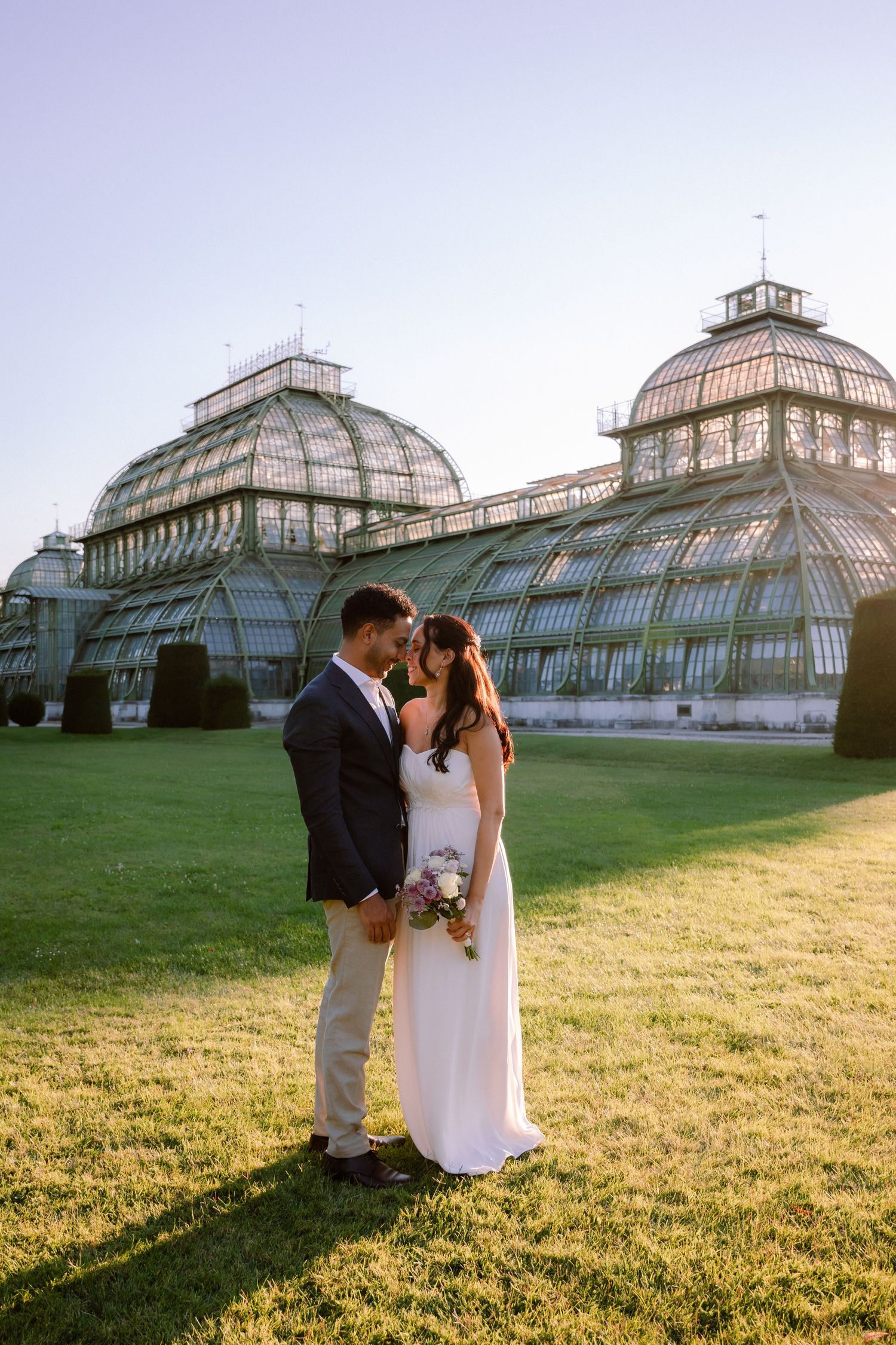 Bride and groom at Schonbrunn Palace in Vienna