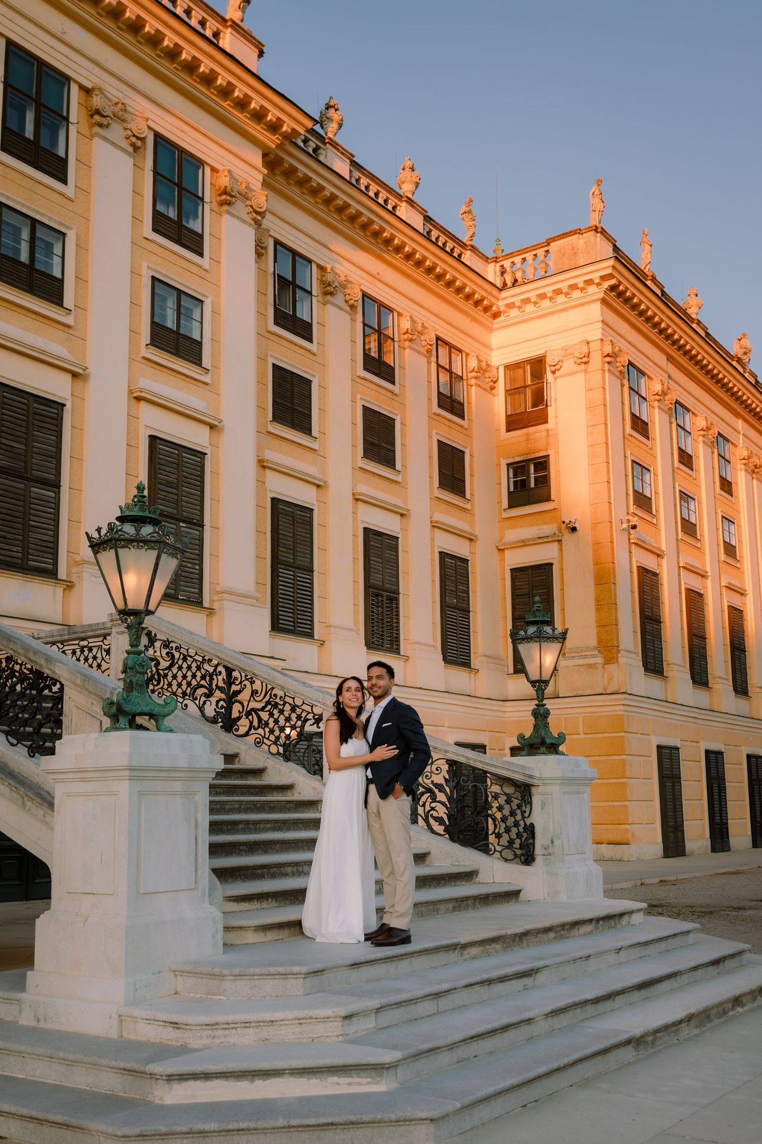 Bride and groom at Schonbrunn Palace in Vienna