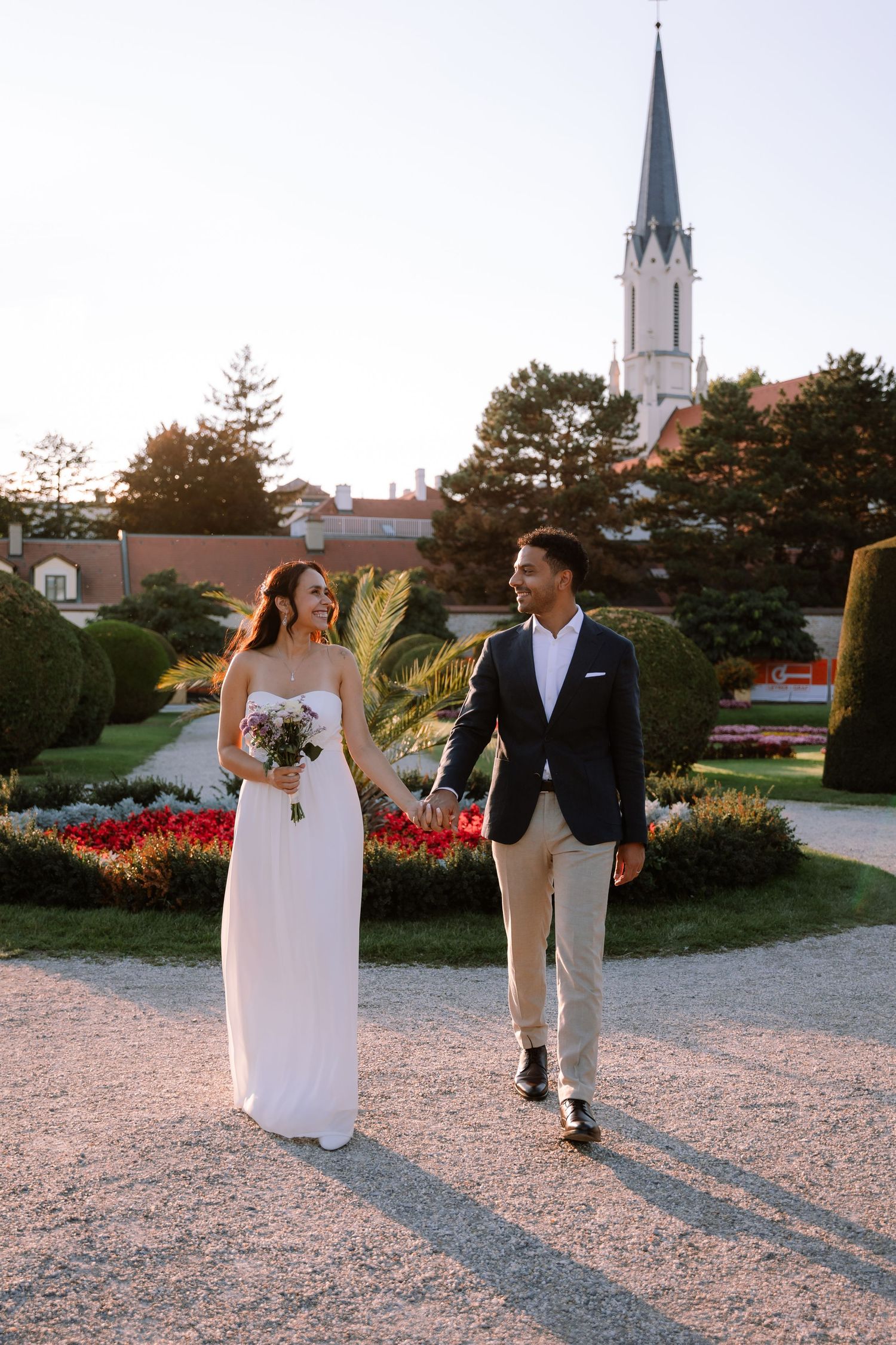 Bride and groom at Schonbrunn Palace in Vienna