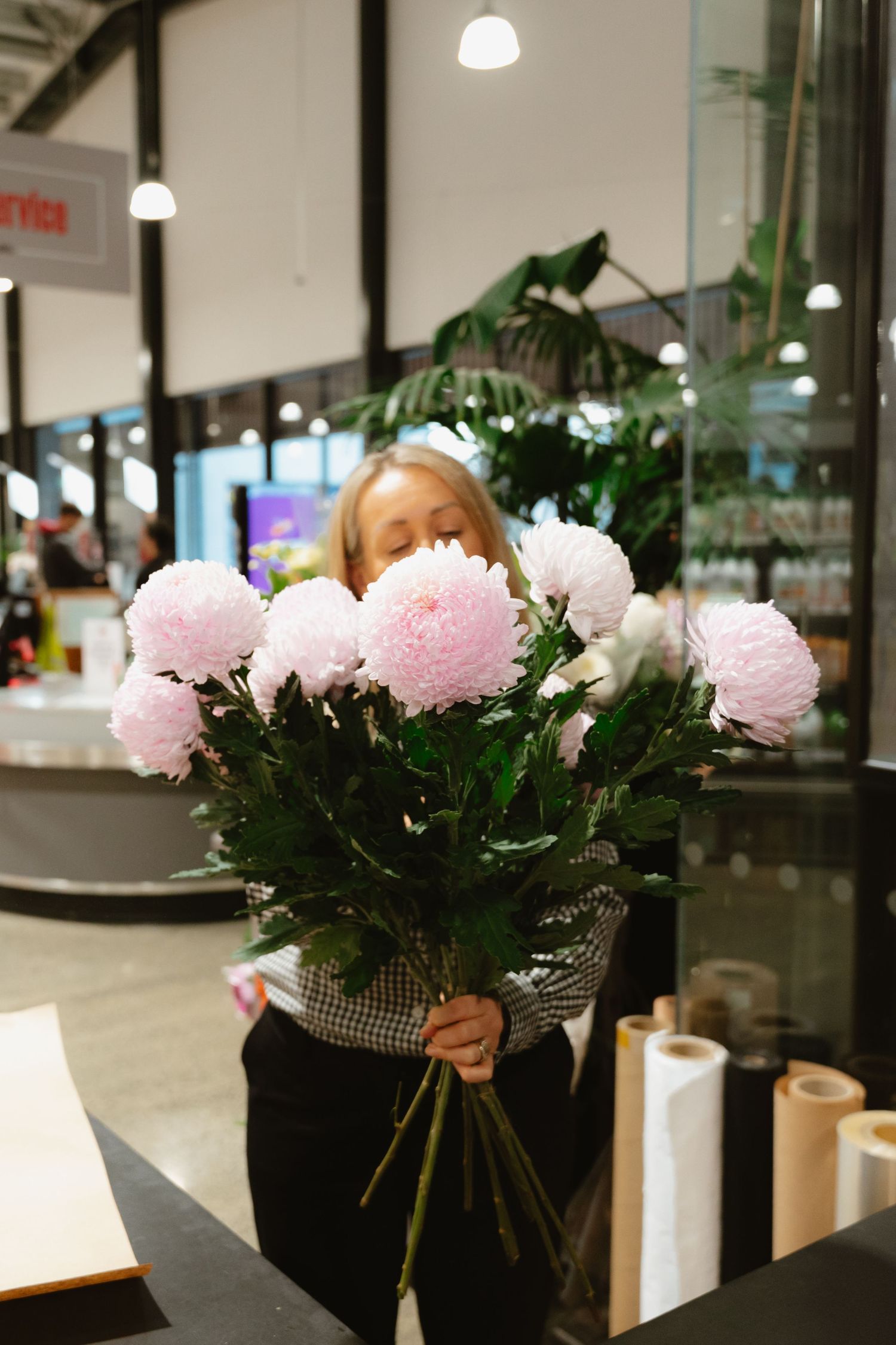 A row of delicate pink chrysanthemum flowers arranged in vases on display in a modern retail space.