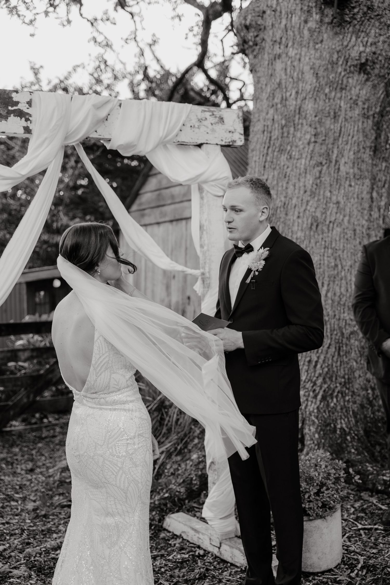 A sequence showing a flowing wedding veil being adjusted outdoors near trees during a photoshoot.