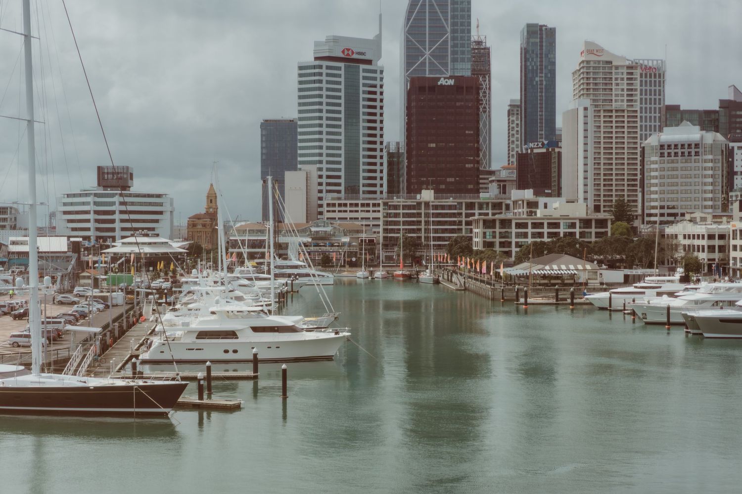 Modern city skyline with high-rise buildings overlooking a harbor filled with boats and yachts.