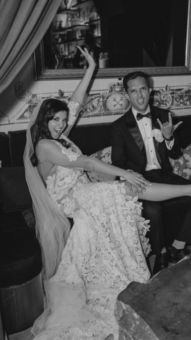 A sequence of black and white photos showing a bride falling off her chair during a wedding reception.