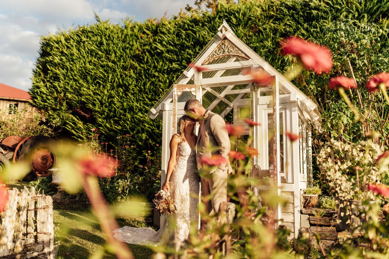 Couple kissing in a lush garden beside a white greenhouse, surrounded by blooming roses on their wedding day.