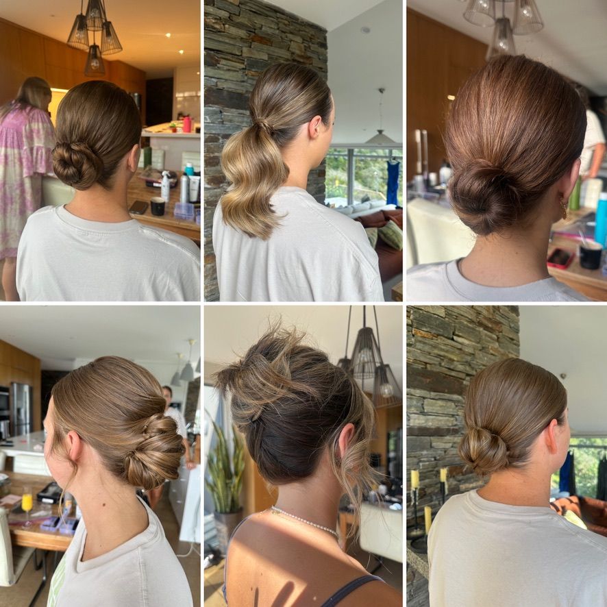 Series of detailed hair styling shots showing elegant bridal updo process.