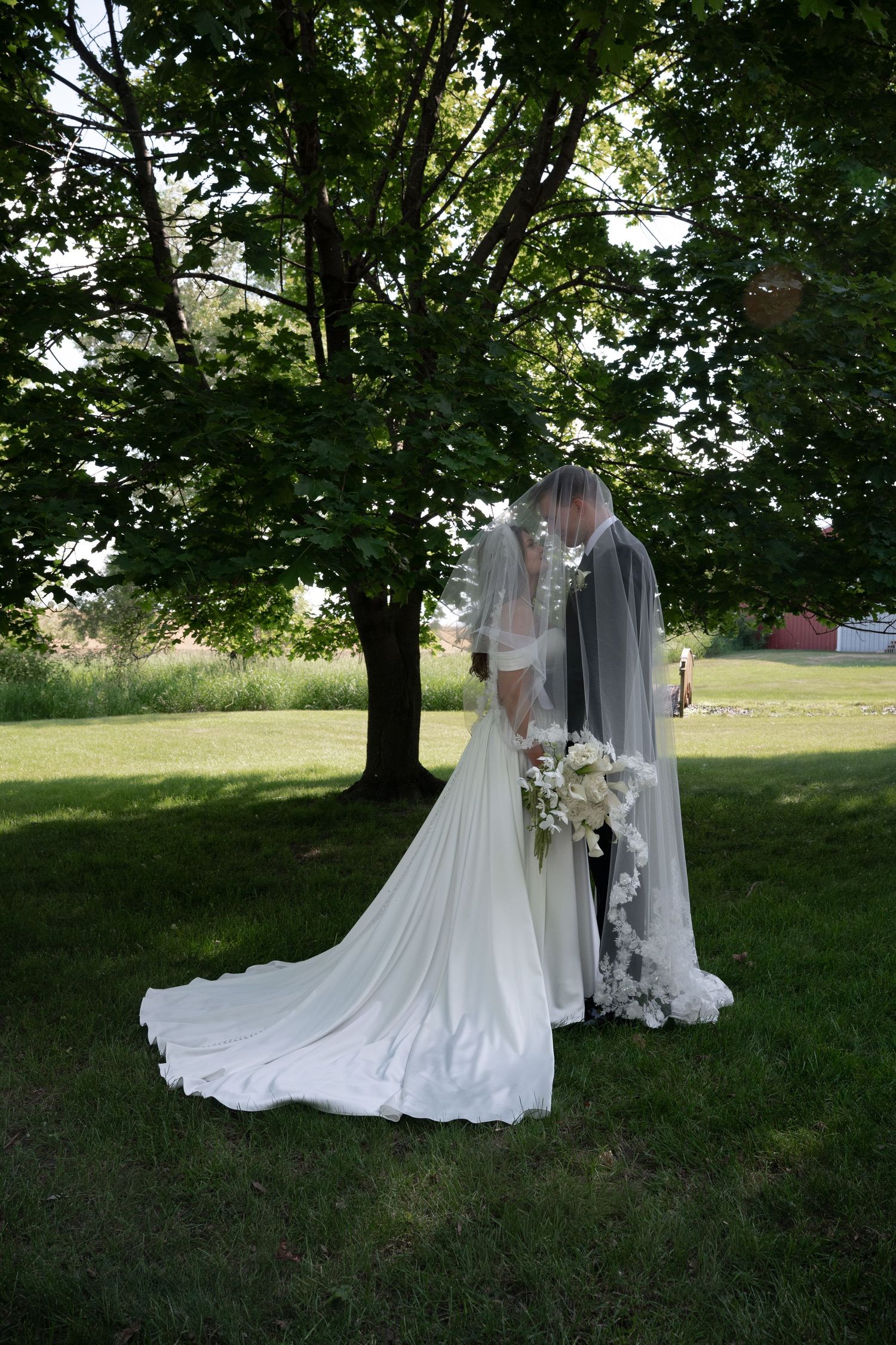 Bride and groom share a kiss under flowing veil beside a large tree in outdoor garden.