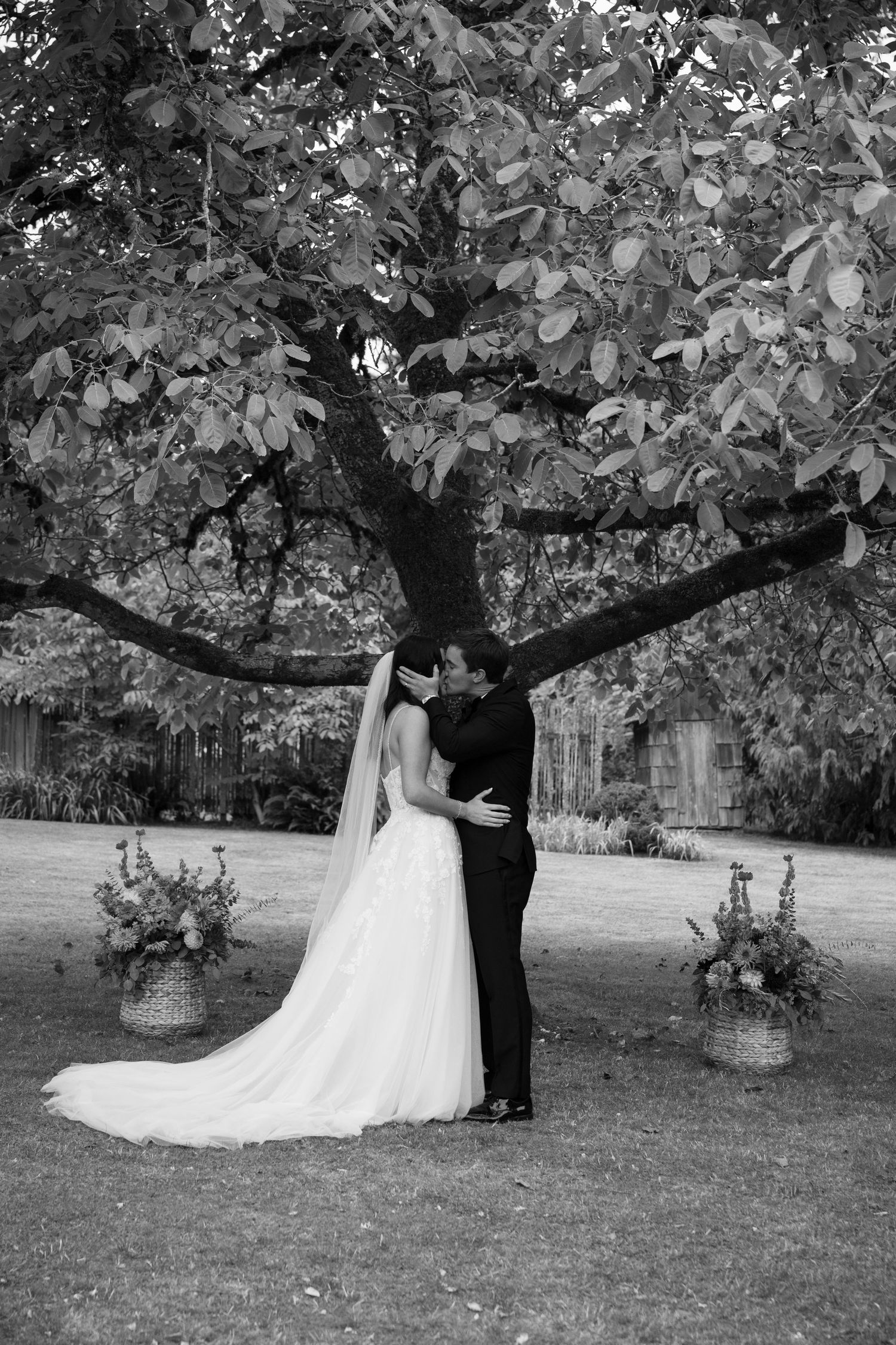 Black and white photo of bride and groom kissing under large tree with floral arrangements.