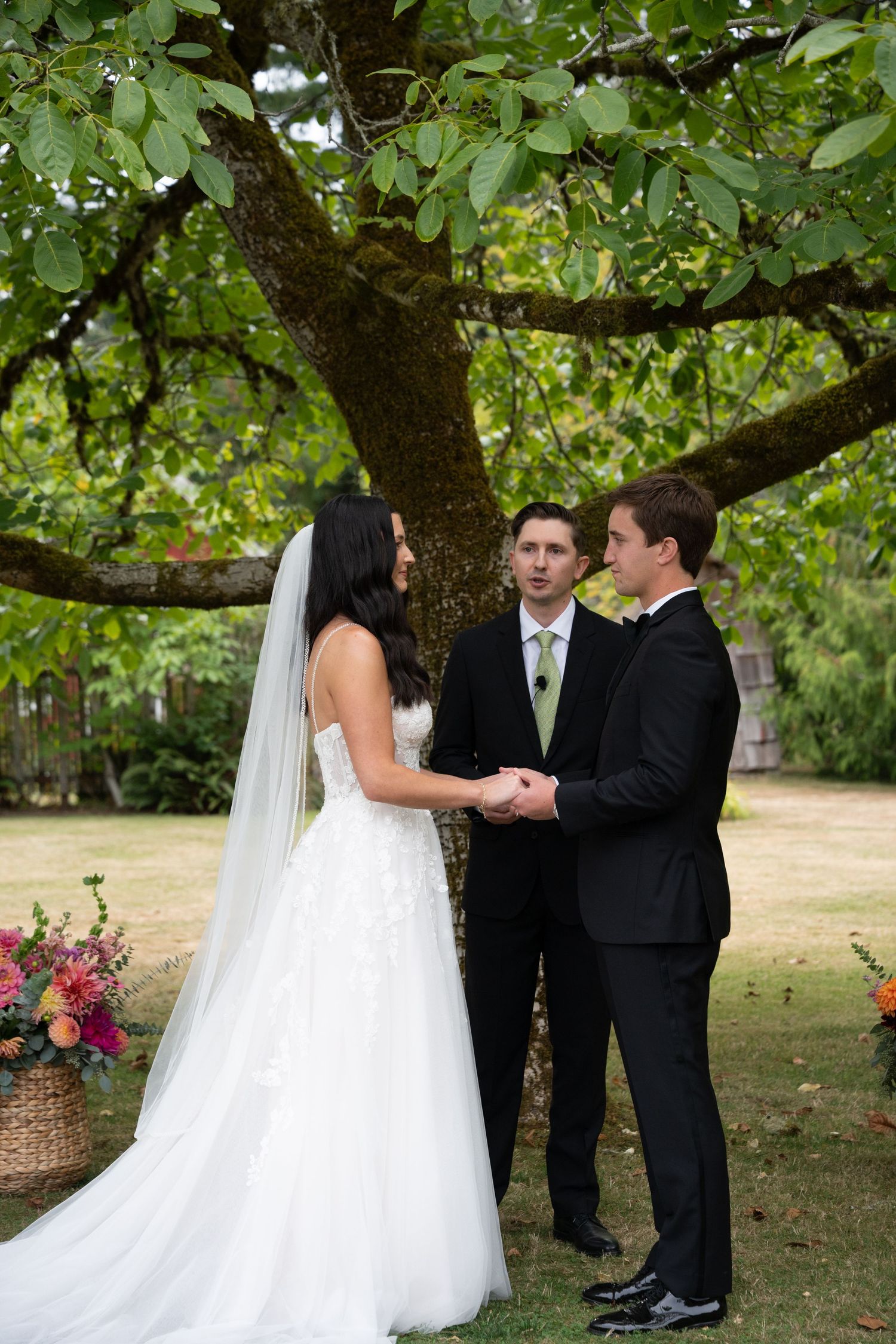Bride and groom hold hands during outdoor wedding ceremony under large tree with officiant.