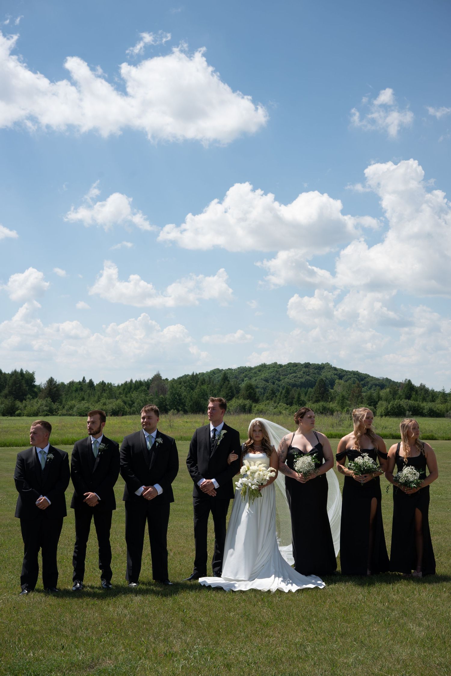 Wedding party in black attire with bride in white gown posing in open field under blue sky.