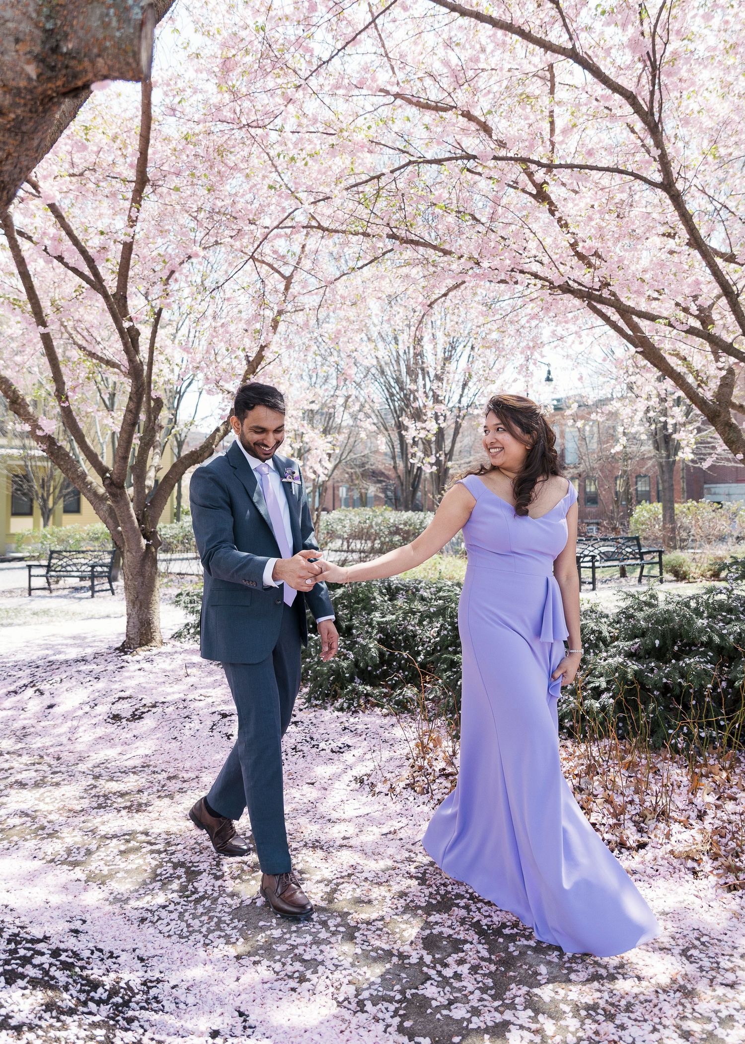 Couple in formal attire walking under blooming cherry blossom trees, petals on ground, woman in lavender gown, man in navy suit.