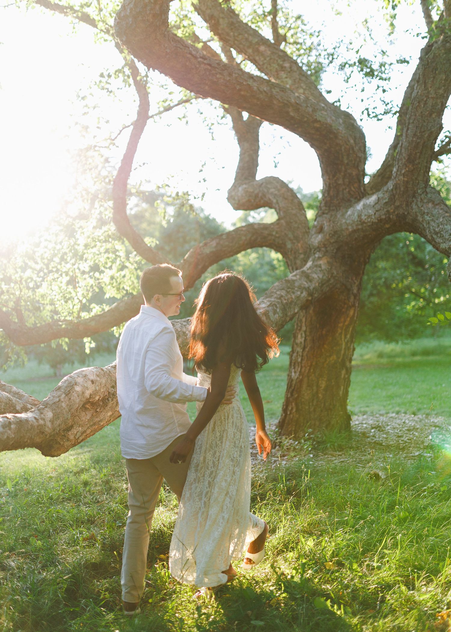 Couple holding hands near a large oak tree in golden sunlight, woman in white lace dress, romantic outdoor engagement photo.