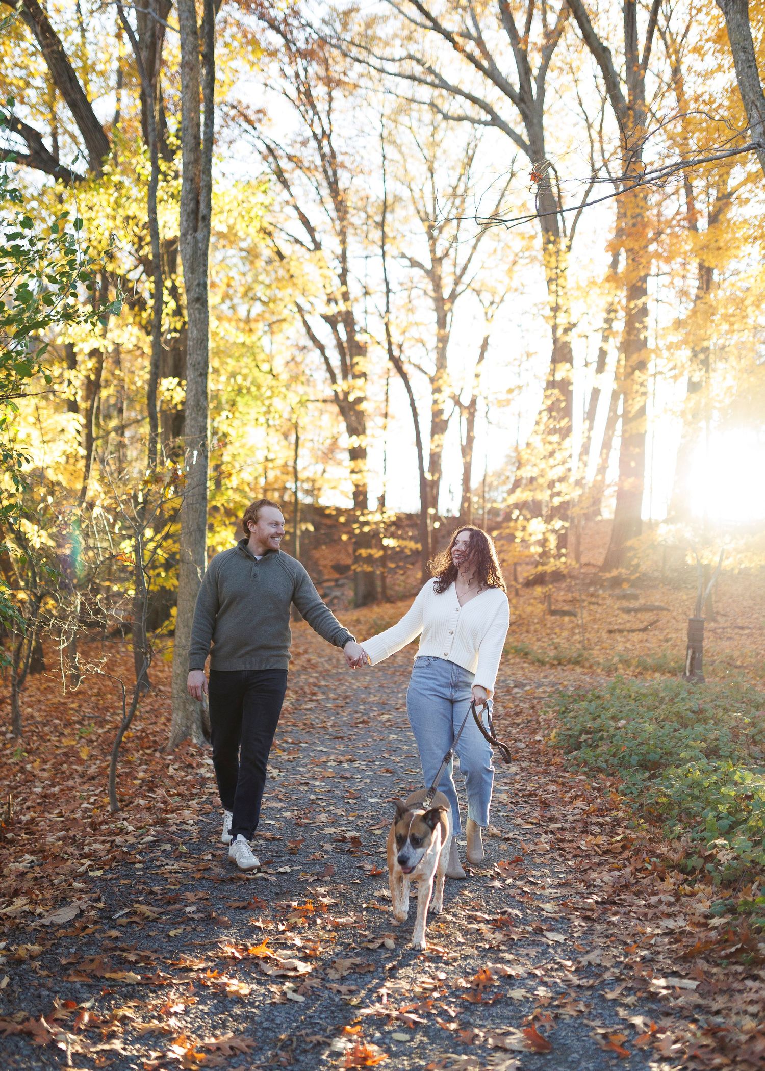 People walking a dog on a leaf-covered path through autumn woods at sunset with golden light filtering through trees.