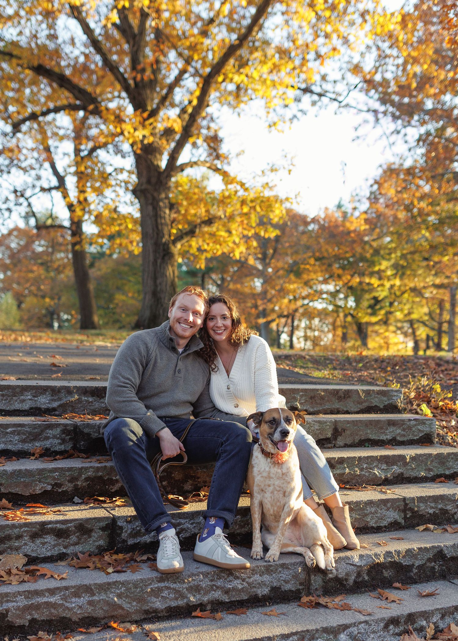 Couple and dog sitting on stone steps surrounded by golden autumn foliage in a park on a sunny fall day.
