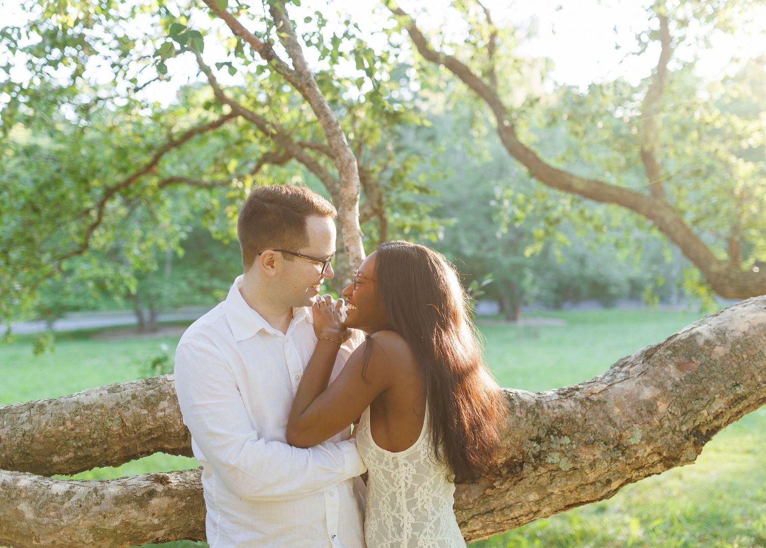 Romantic interracial couple sharing a tender moment under a sunlit tree in a lush green park.