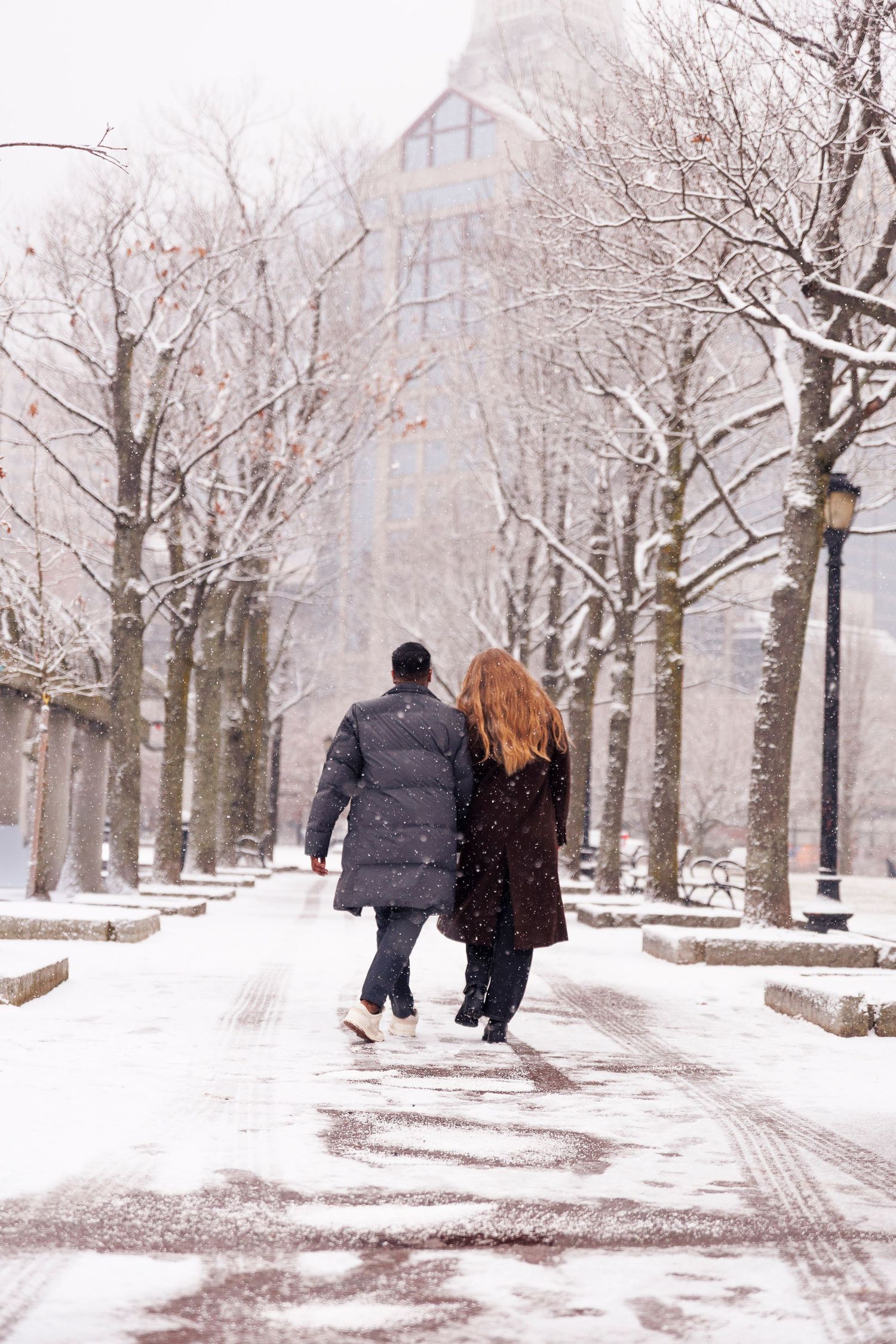 A couple walks down a snowy tree-lined path in winter, creating a romantic and serene atmosphere.