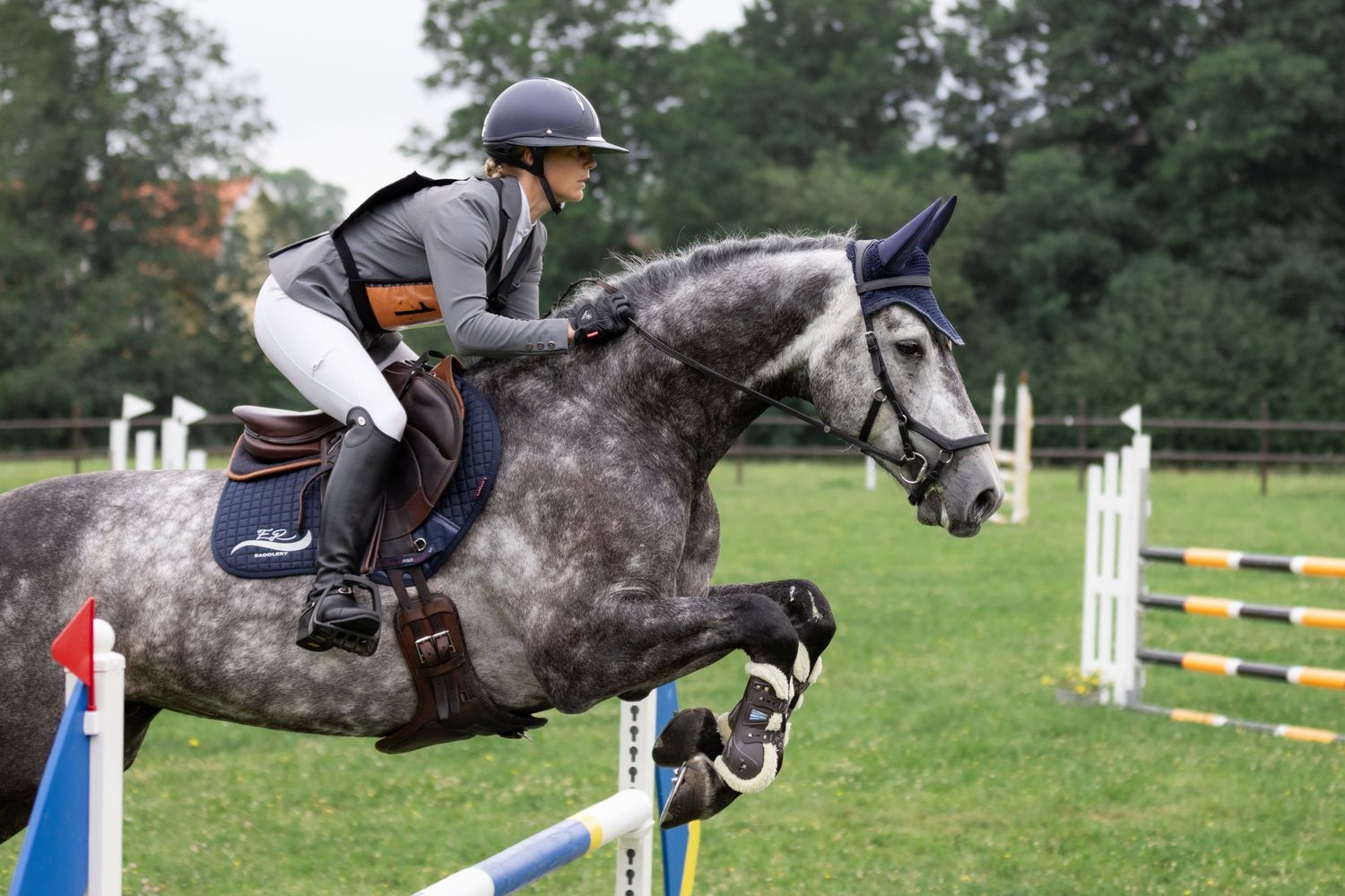 Horse and rider navigate show jumping course with white obstacles.