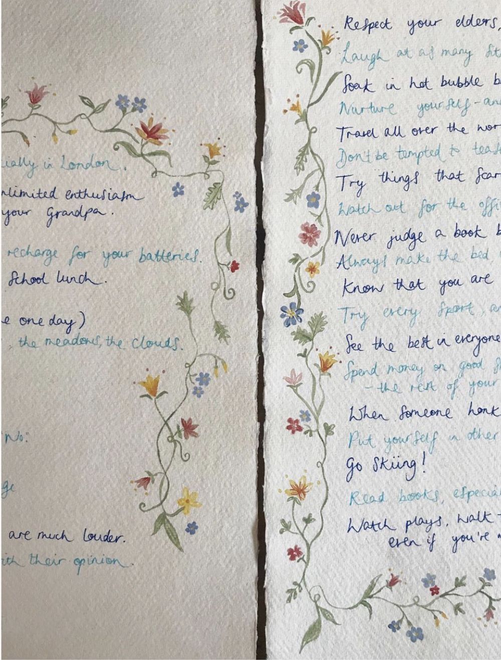 Handwritten text on decorative floral paper with delicate blue and pink flower illustrations.