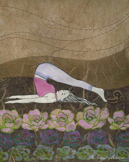 Painting of a woman in a yoga pose among purple succulents on textured brown background by Kristy Asaro.