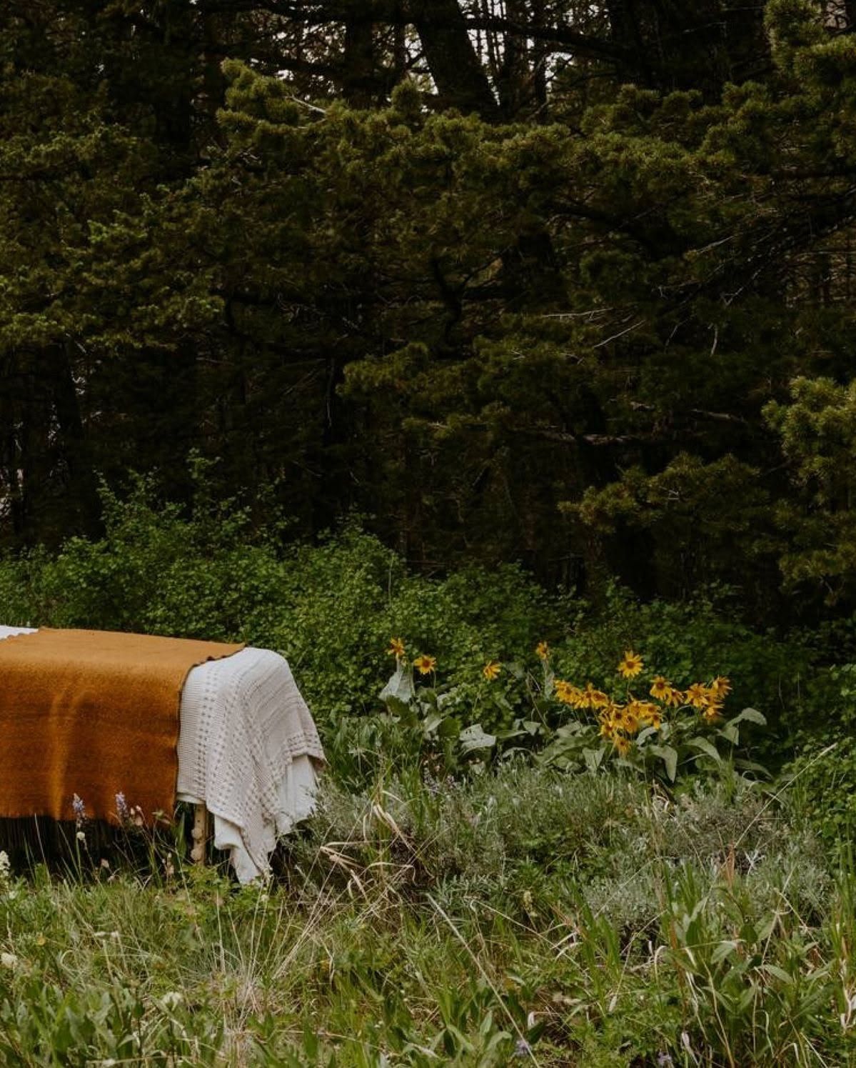 A mustard yellow blanket draped over a surface in a lush green meadow with wildflowers and dense forest trees behind.