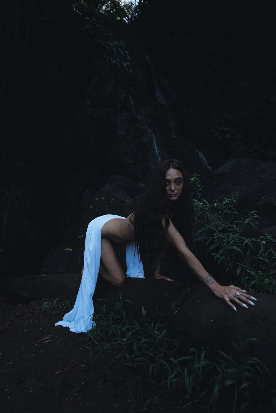 Dark forest scene with white fabric and dramatic lighting.