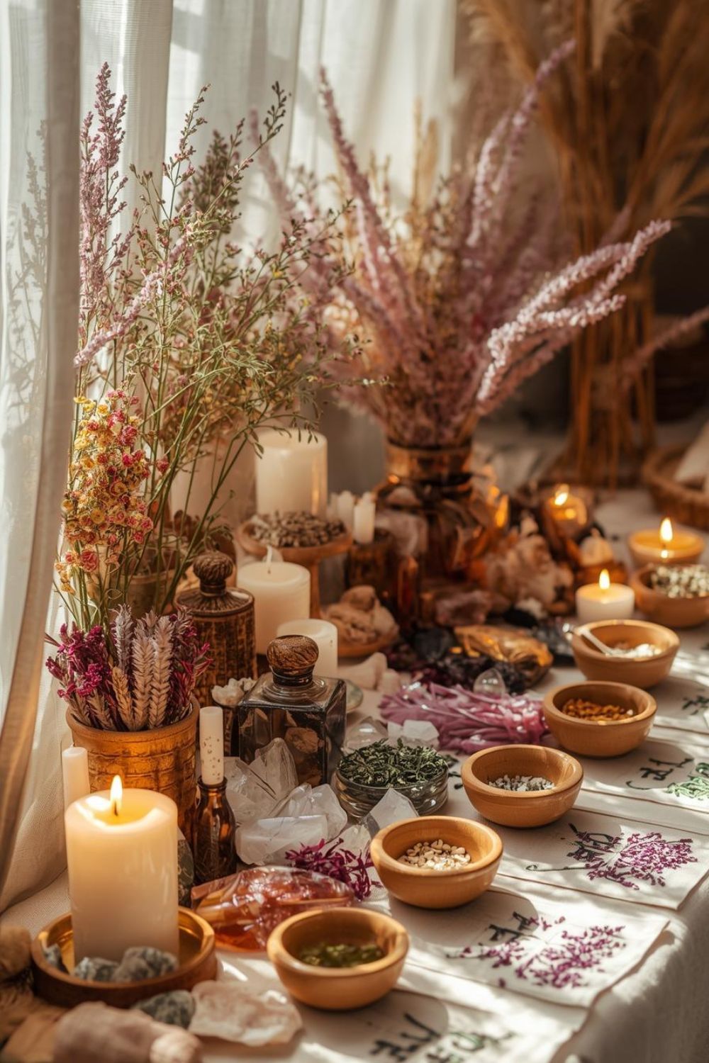 Cozy windowsill altar decorated with dried flowers, candles, and wooden bowls in warm sunlight.