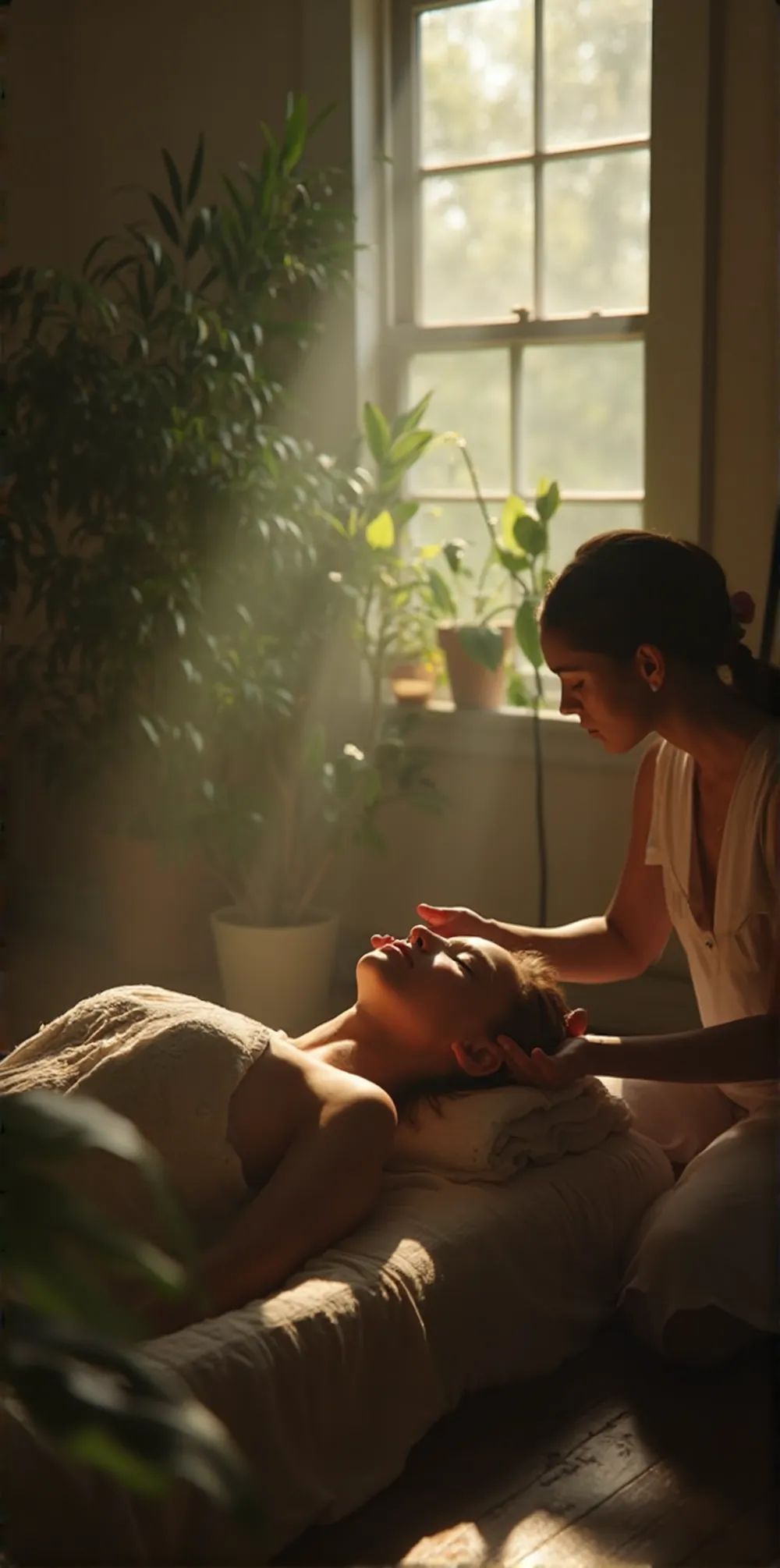 Sunlit room with indoor plants where a massage or healing session takes place.