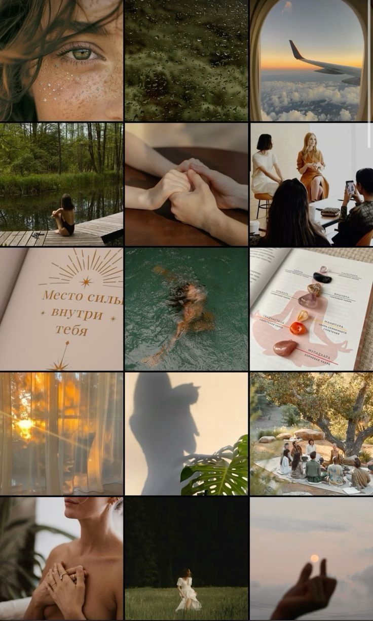 Moody lifestyle photo collage featuring natural scenes, travel moments, and intimate details in warm earth tones.