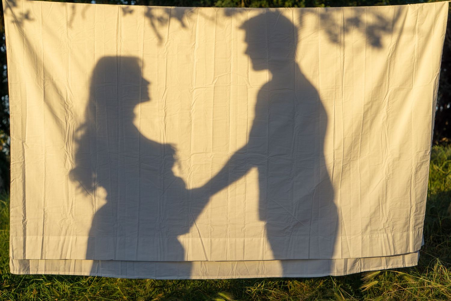 Shadow silhouette of a pregnant couple holding hands projected on a white fabric backdrop outdoors.
