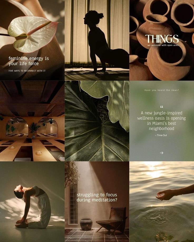 Dark and moody aesthetic photo grid with quotes and natural elements in earth tones.