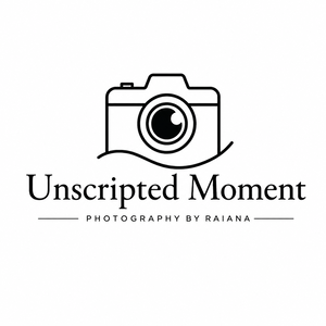 Unscripted Moment Photography by Raiana logo featuring a camera icon on a clean white background.