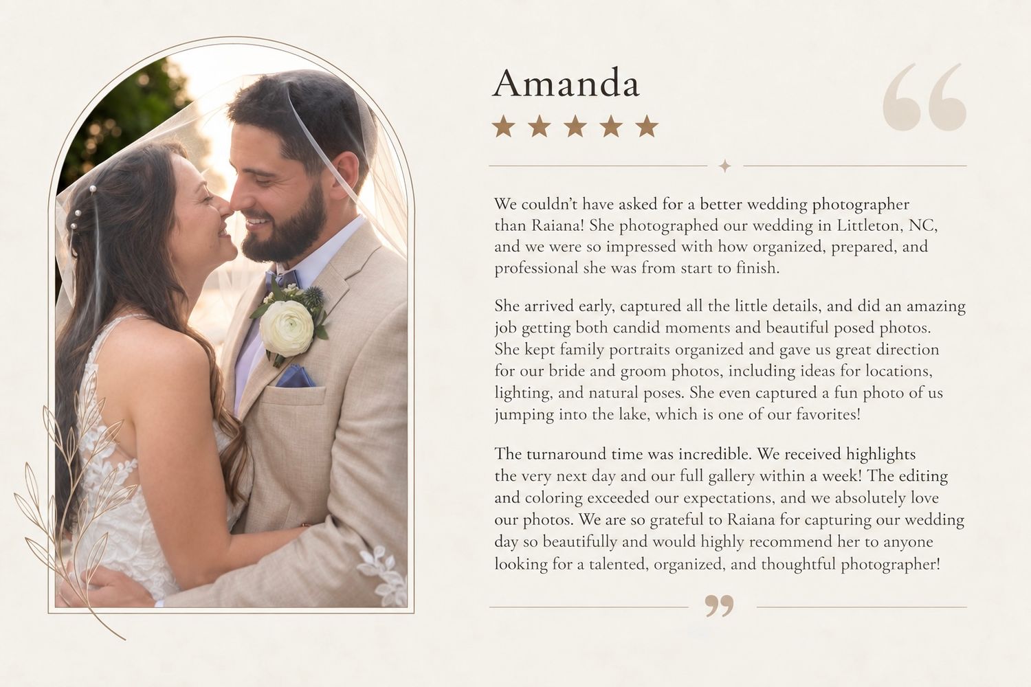 Amanda smiles in a wedding dress beside a five-star review praising her as an organized, talented wedding photographer in Leland, NC.