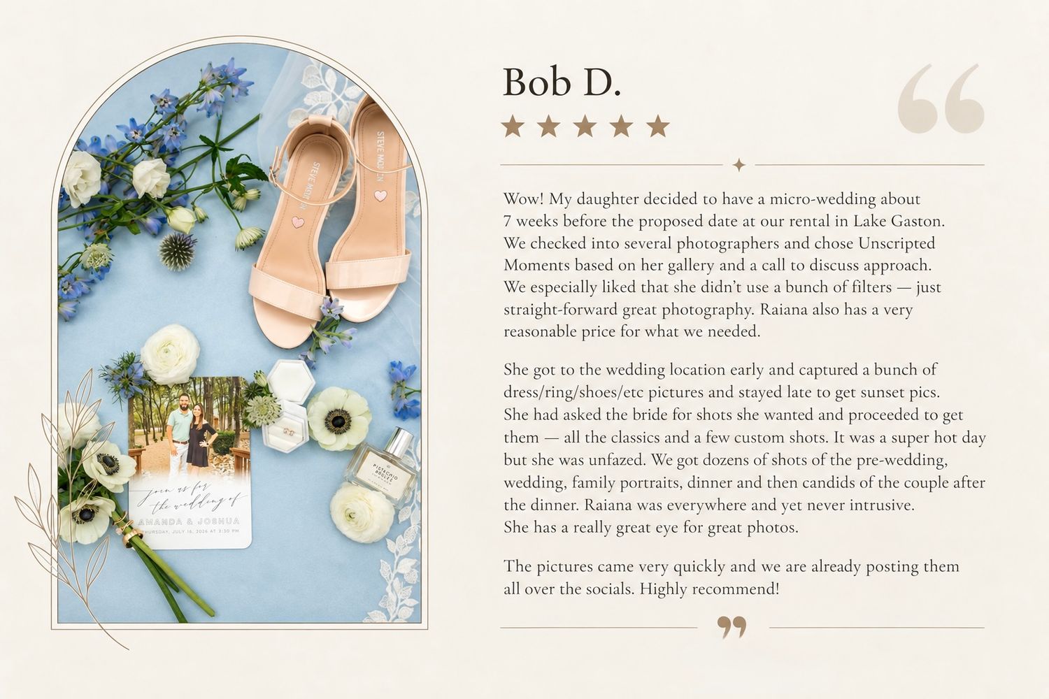 Wedding flat lay featuring bridal shoes, floral bouquet, and a five-star client review card by Bob D. on white background.