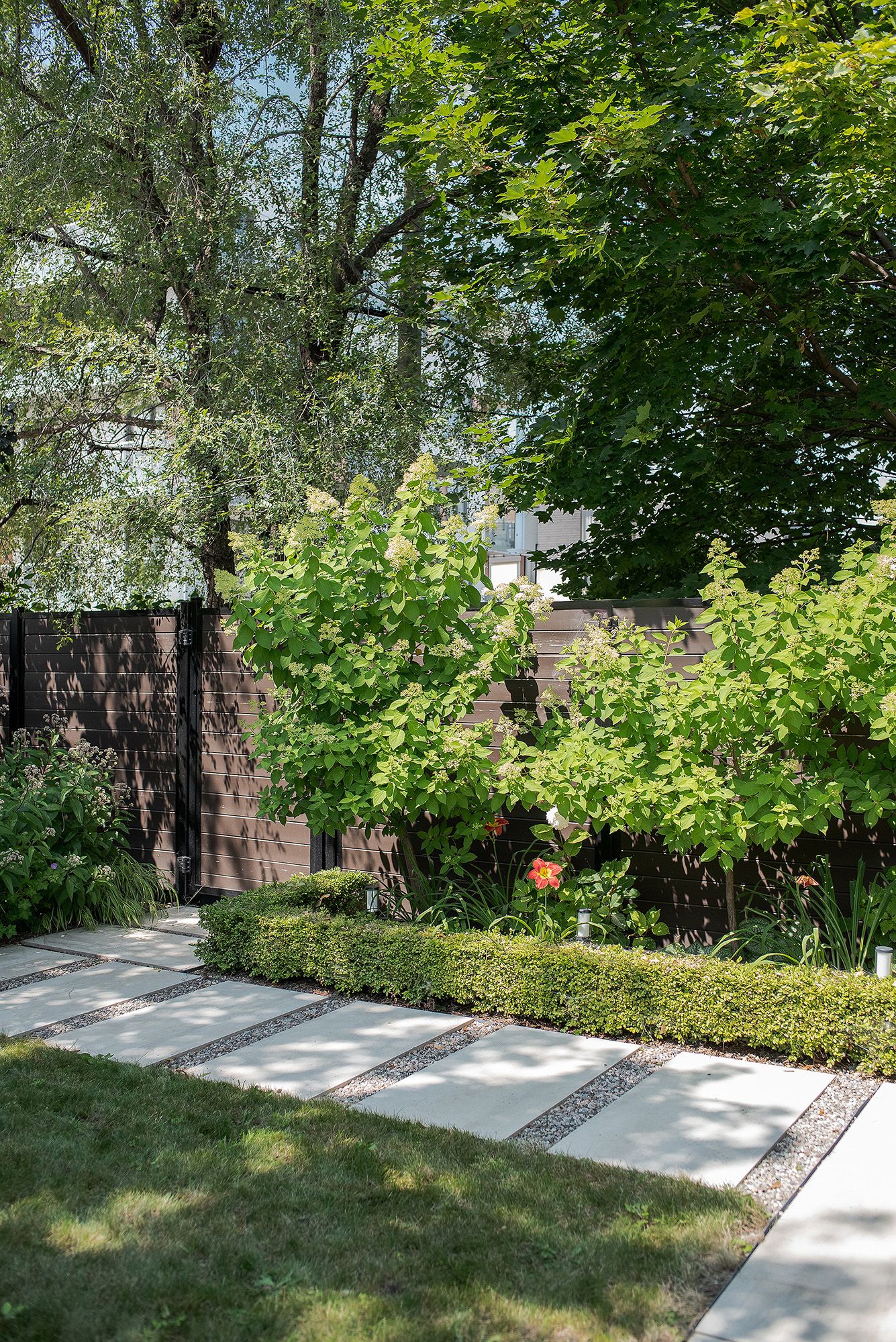A modern concrete pathway leads through a lush garden with green trees and bushes along a brown fence.