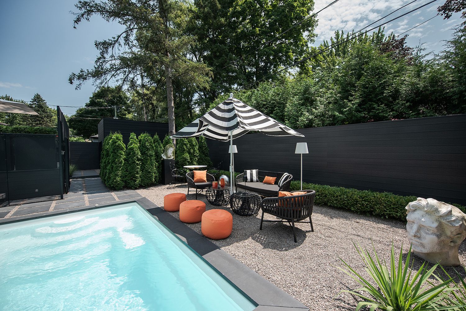 Modern backyard oasis featuring a swimming pool, lounge chairs, umbrellas, and landscaped garden beds with palm trees.