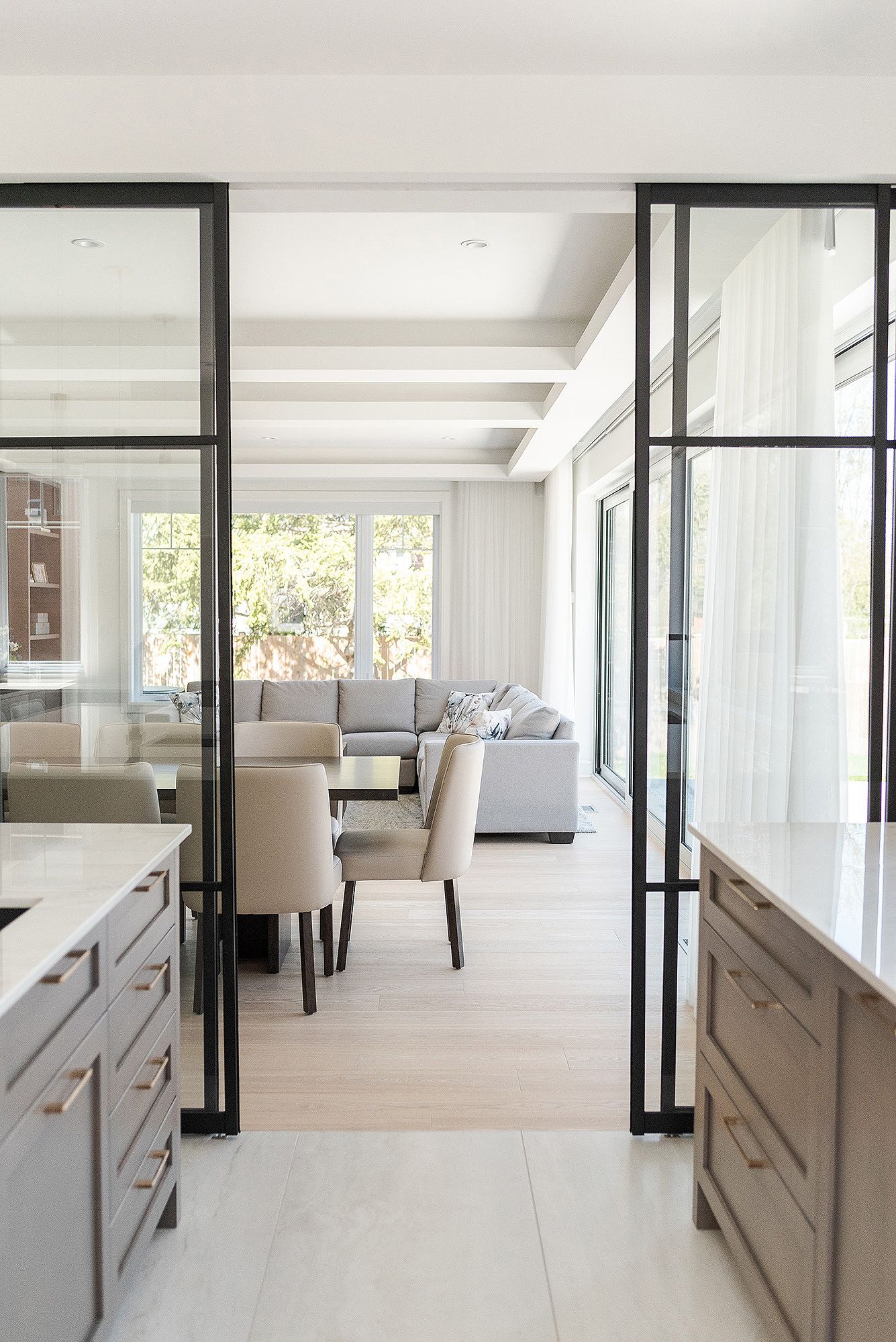 Modern minimalist interior with black framed glass partitions, light wood floors, and white walls creating an open concept space.